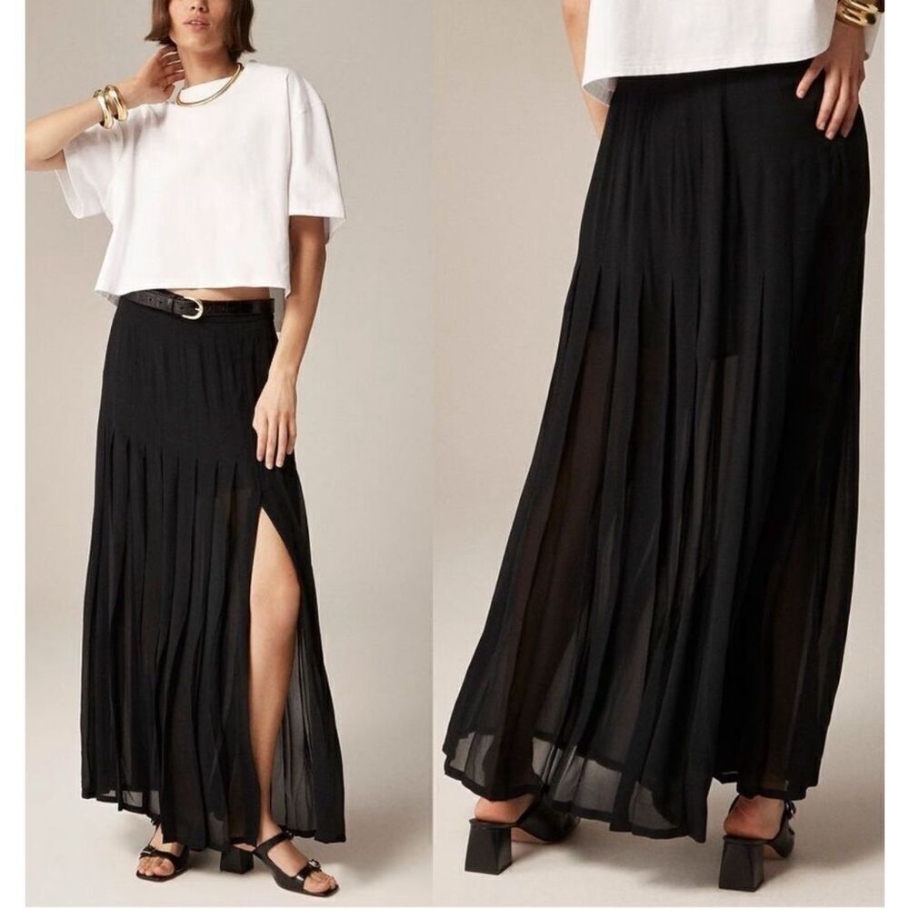 NWT J Crew Collection black pleated Maxi Skirt Lightweight Chiffon, $198 E2